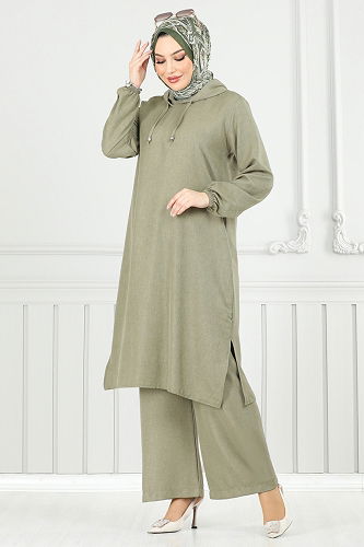 moda selvim طقم أخضر عشبي 824OZN1046 - Thumbnail