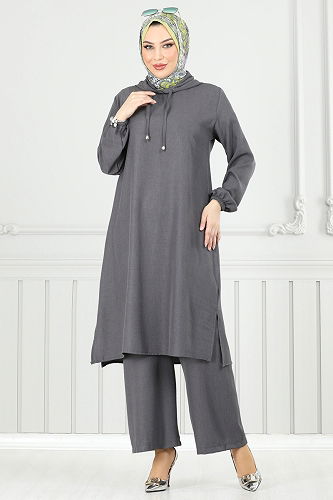 moda selvim طقم رمادي غامق 824OZN1046 - Thumbnail