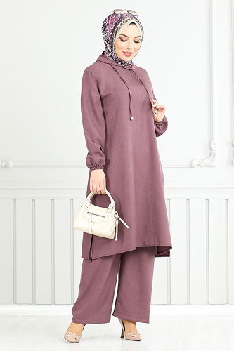 moda selvim طقم ليلكي غامق 824OZR1047-M - Thumbnail