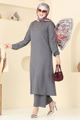 moda selvim طقم رمادي غامق 829OZN1046 - Thumbnail