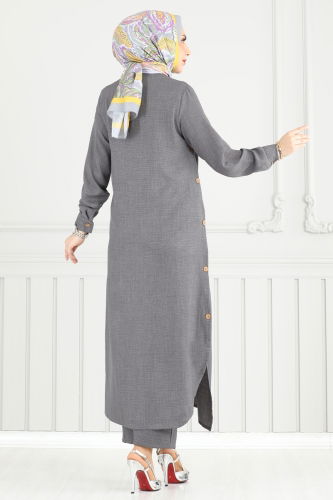 moda selvim طقم رمادي غامق 833OZN1046 - Thumbnail