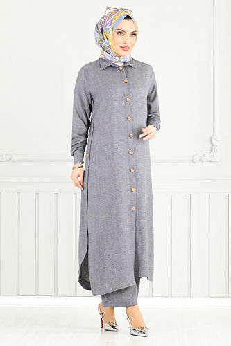 moda selvim طقم رمادي غامق 833OZR1047-M - Thumbnail