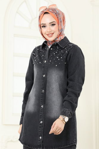 moda selvim طقم جينز أسود 9007YLD1073 - Thumbnail