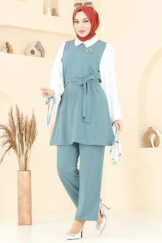 moda selvim طقم أخضر باهت 9026S324 - Thumbnail