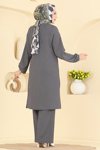 moda selvim طقم رمادي غامق 905PM271 - Thumbnail