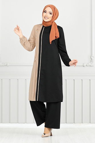 moda selvim طقم أسود وبيج 9118PL940-M - Thumbnail