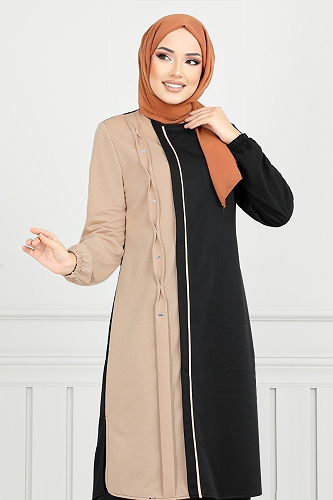 moda selvim طقم أسود وبيج 9118PL940-M - Thumbnail