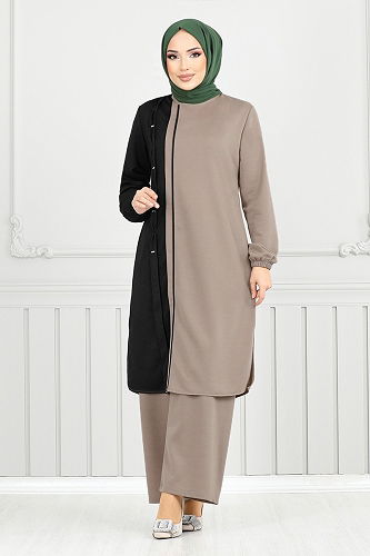 moda selvim طقم بيج غامق 9118PL940-M - Thumbnail