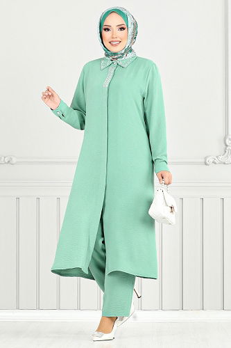 moda selvim طقم أخضر باهت 9144PL940-M - Thumbnail