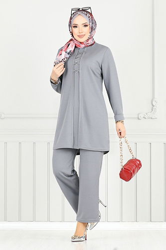 moda selvim طقم رمادي غامق 9146PL940-M - Thumbnail