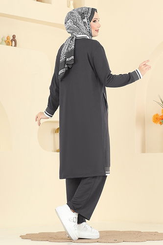 moda selvim طقم رمادي غامق 9161PLK541 - Thumbnail