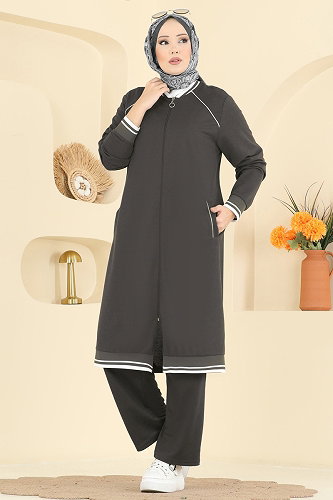 moda selvim طقم رمادي غامق 9161PLK541 - Thumbnail