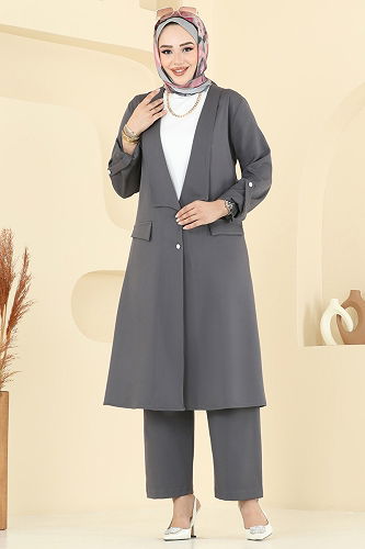 moda selvim طقم رمادي غامق 9163PLK541 - Thumbnail