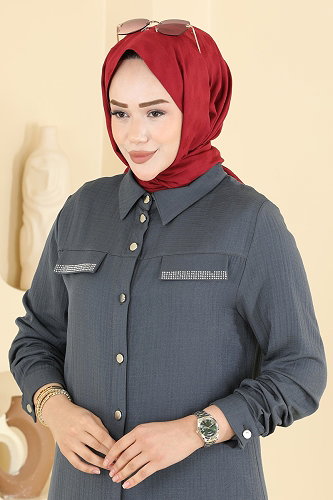 moda selvim طقم رمادي غامق 9251PLK541 - Thumbnail