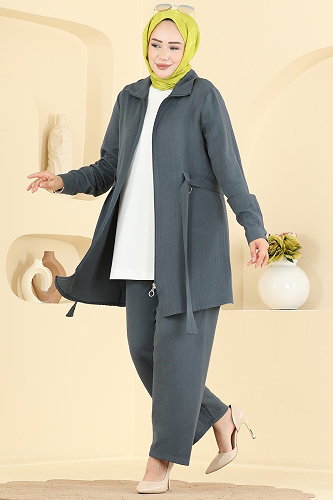 moda selvim طقم رمادي غامق 9252PLK541 - Thumbnail