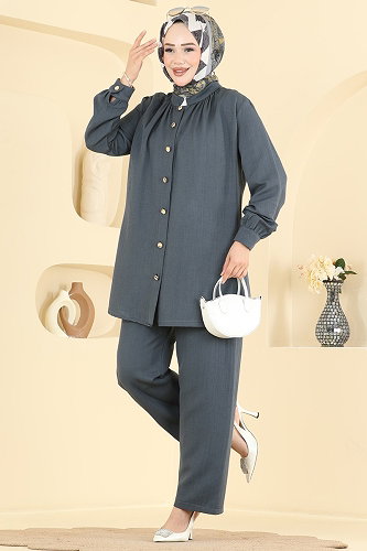 moda selvim طقم رمادي غامق 9253PLK541 - Thumbnail