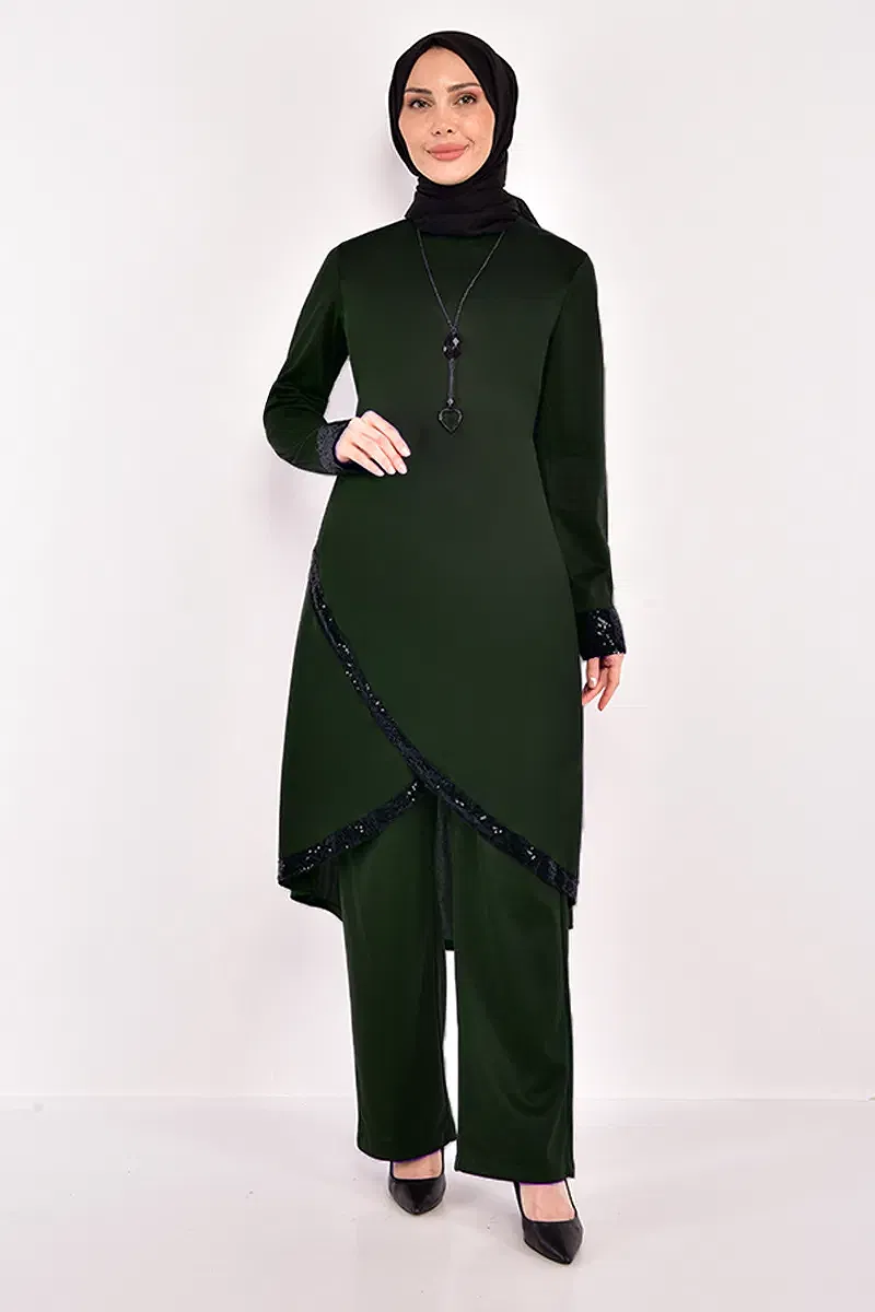 moda selvim طقم زيتي غامق ASM2559-M - Thumbnail