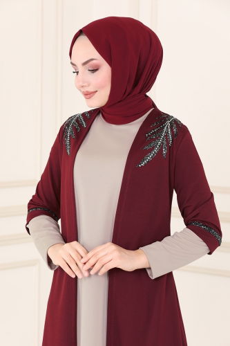 moda selvim طقم خمري وبيج ASM2668 - Thumbnail