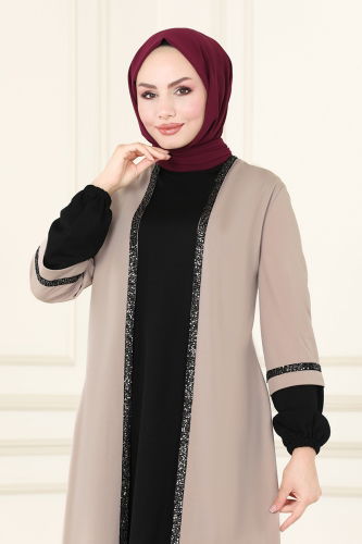 moda selvim طقم بيج وأسود ASM2670 - Thumbnail