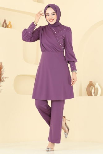 moda selvim طقم ليلكي غامق ASM2809 - Thumbnail