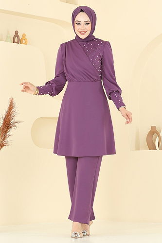 moda selvim طقم ليلكي غامق ASM2809 - Thumbnail