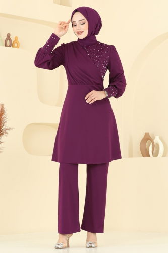 moda selvim طقم أرجواني ASM2809 - Thumbnail