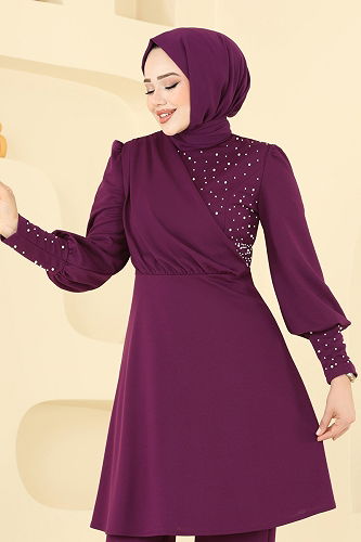 moda selvim طقم أرجواني ASM2809 - Thumbnail