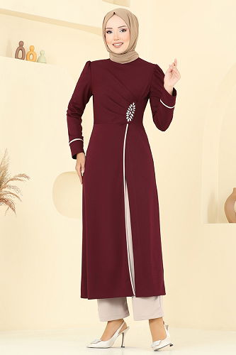 moda selvim طقم خمري وبيج ASM2816 - Thumbnail