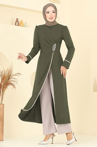 moda selvim طقم أخضر عفني و بيج ASM2816 - Thumbnail