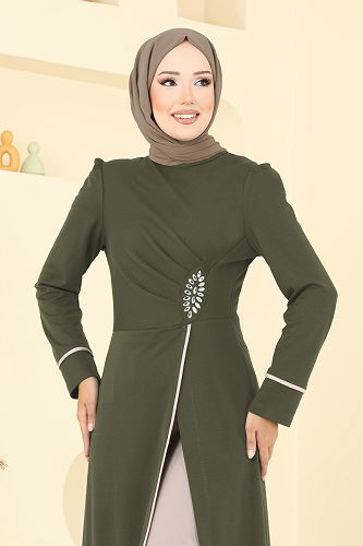 moda selvim طقم أخضر عفني و بيج ASM2816 - Thumbnail