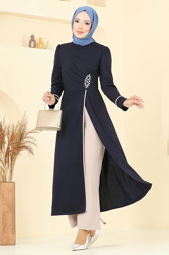 moda selvim طقم كحلي وبيج ASM2816 - Thumbnail