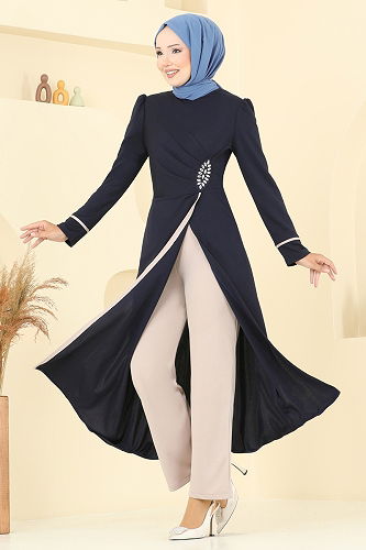 moda selvim طقم كحلي وبيج ASM2816 - Thumbnail