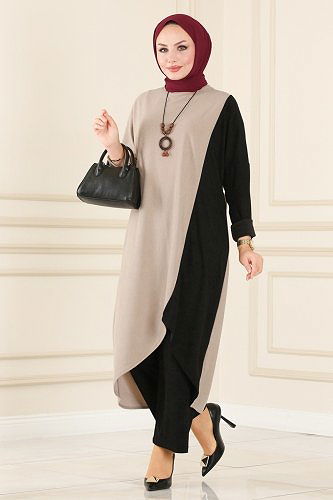 moda selvim طقم بيج وأسود PL292 - Thumbnail