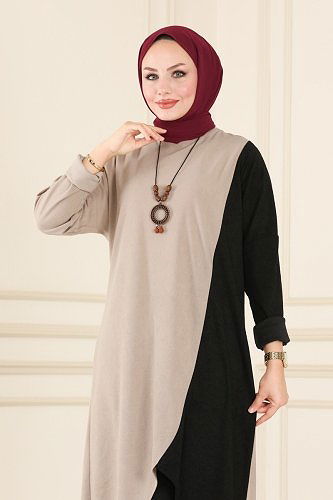 moda selvim طقم بيج وأسود PL292 - Thumbnail