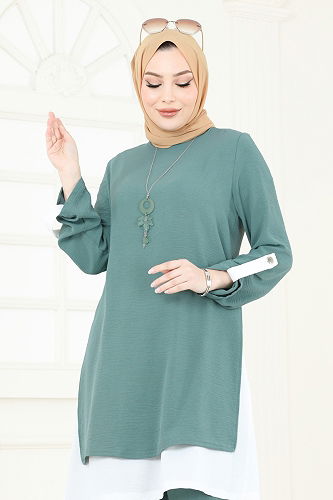 moda selvim طقم أخضر باهت وسكري PL8034 - Thumbnail