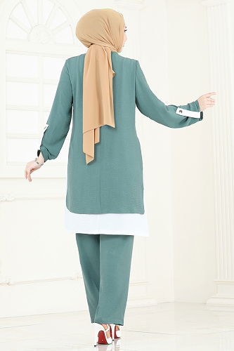 moda selvim طقم أخضر باهت وسكري PL8034 - Thumbnail