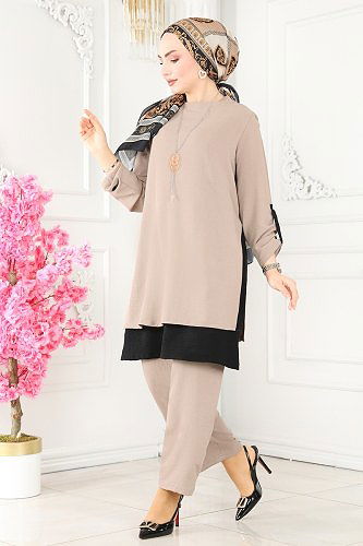 moda selvim طقم بيج وأسود PL8034 - Thumbnail