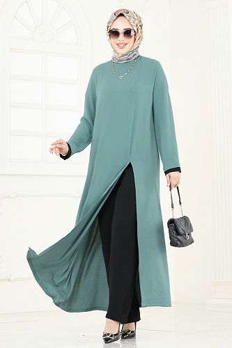 moda selvim طقم أخضر باهت وأسود PL8053 - Thumbnail