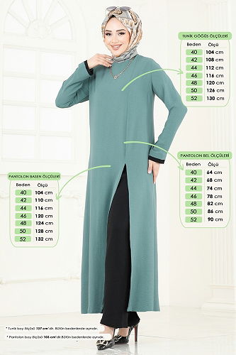 moda selvim طقم أخضر باهت وأسود PL8053 - Thumbnail