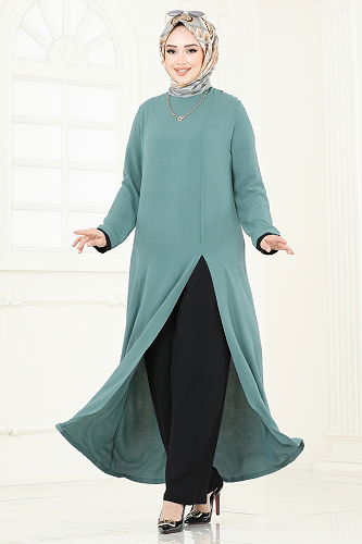 moda selvim طقم أخضر باهت وأسود PL8053 - Thumbnail