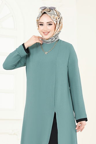 moda selvim طقم أخضر باهت وأسود PL8053 - Thumbnail