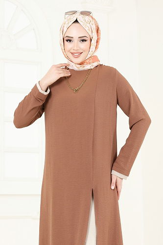 moda selvim طقم عسلي وبيج PL8053 - Thumbnail