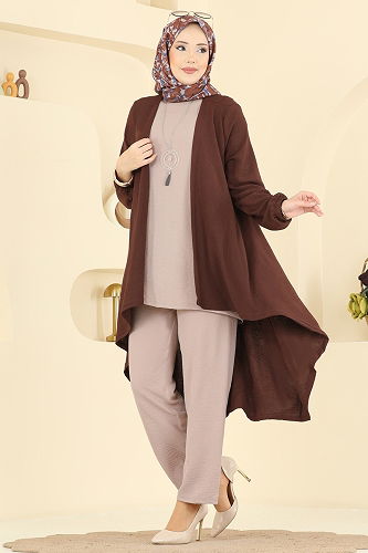 moda selvim طقم بني وبيج PL8058 - Thumbnail