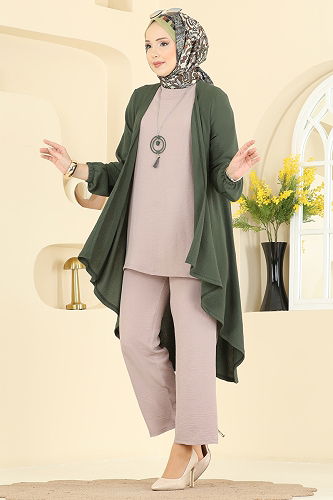 moda selvim طقم أخضر عفني و بيج PL8058 - Thumbnail