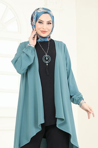 moda selvim طقم أخضر باهت وأسود PL8058 - Thumbnail