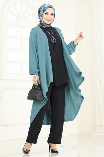 moda selvim طقم أخضر باهت وأسود PL8058 - Thumbnail