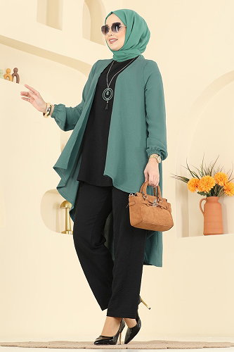 moda selvim طقم أخضر باهت وأسود PL8058 - Thumbnail