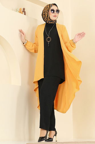 moda selvim طقم خردلي وأسود PL8058 - Thumbnail