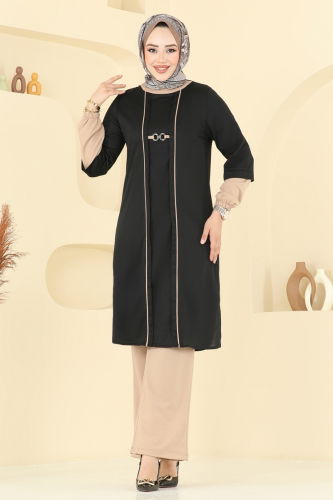 moda selvim طقم أسود وبيج PL9119 - Thumbnail
