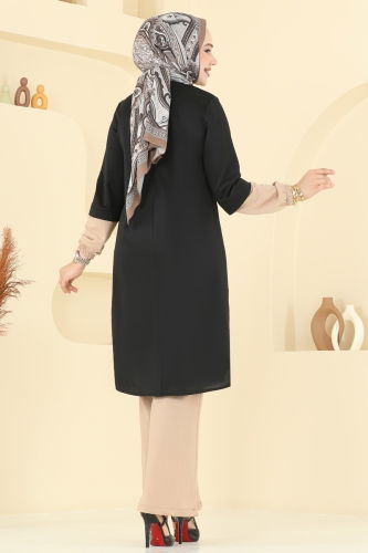 moda selvim طقم أسود وبيج PL9119 - Thumbnail